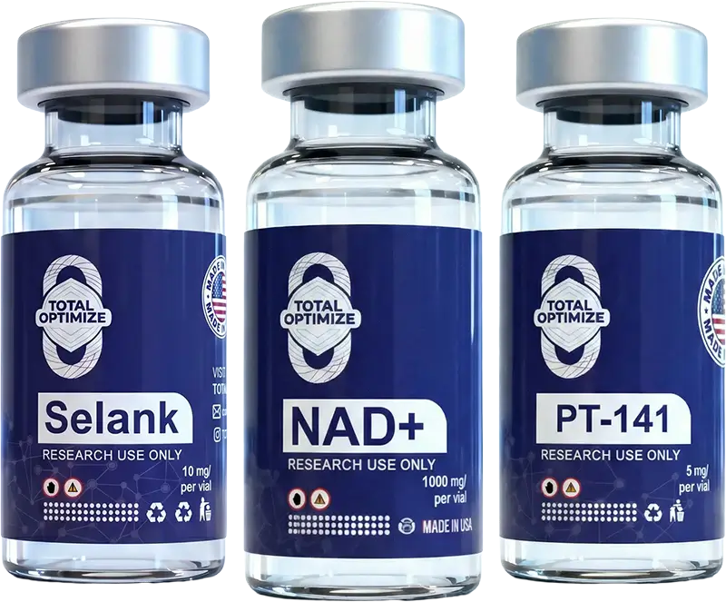 Total Optimize research peptides — Selank, NAD+, and PT-141 vials, USA manufactured